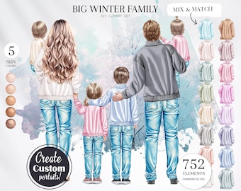 Big Winter Family Clipart, Parents PNG, Family Portrait, Christmas Family, Custom Clipart, Doll Creator, Back View, Personalized Gift