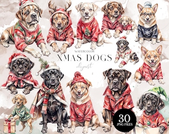 May include: Watercolor illustration of various dogs dressed in festive Christmas attire. The dogs are wearing sweaters, hats, and scarves in red, green, and white. The text "XMAS DOGS" is displayed in the center of the image, along with "30 .PNG FILES".