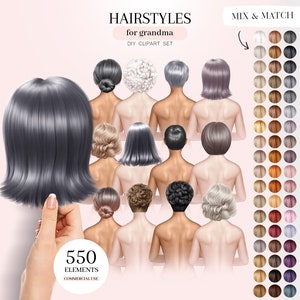 Grandma Hairstyles Clipart, Grey Hair Illustrations, Old Woman Hair PNG Graphics