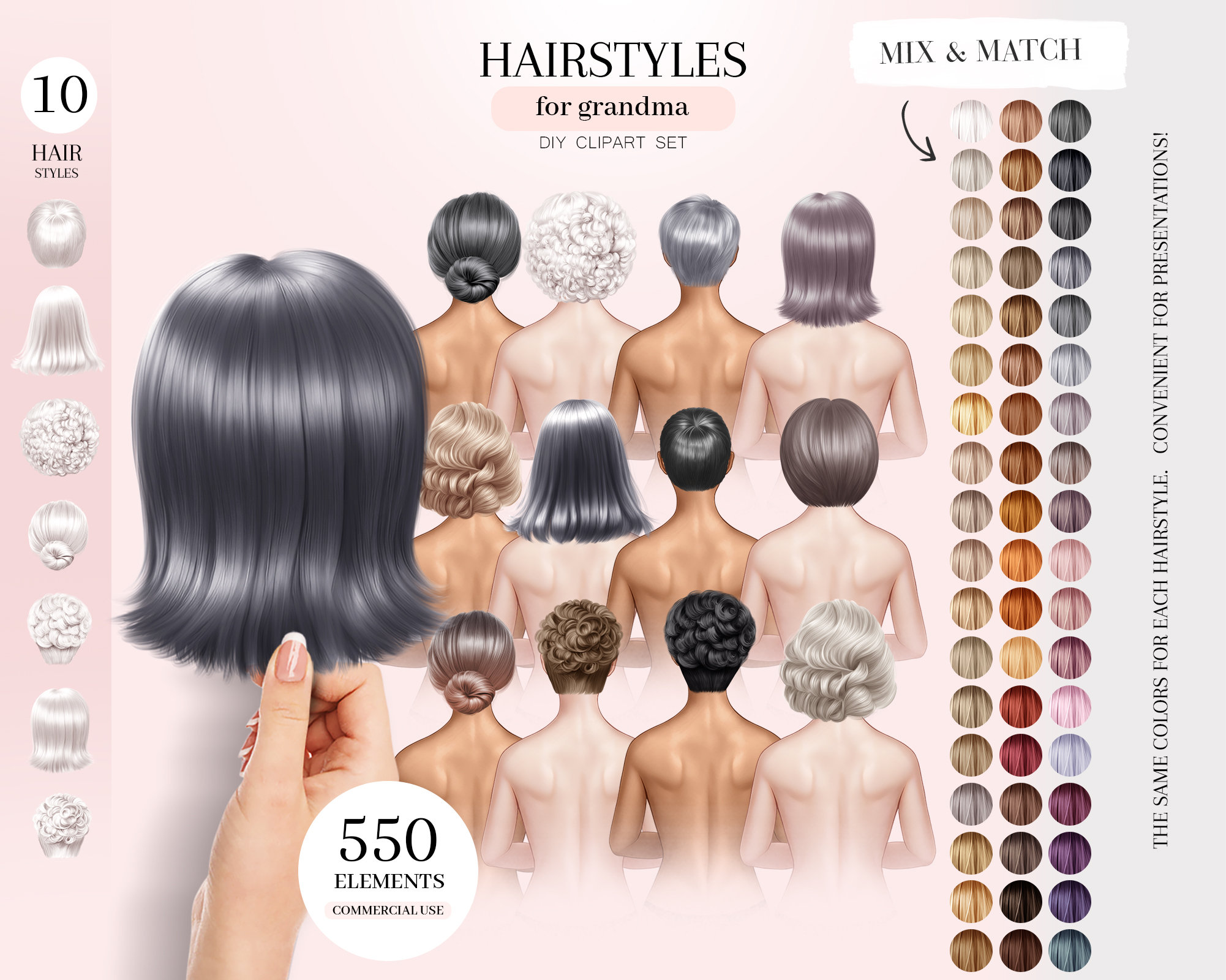 Grandma Hairstyles Clipart, Grey Hair Illustrations, Old Woman Hair PNG Graphics