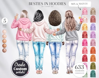 Puede incluir: Cuatro figuras femeninas con sudaderas con capucha y pantalones vaqueros, con una variedad de colores y patrones de sudaderas con capucha para elegir. La imagen incluye el texto "Besties in Hoodies" y "Mix & Match".