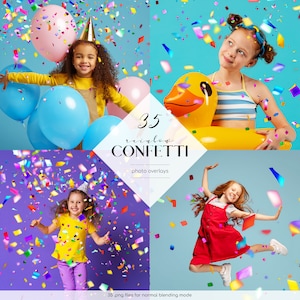 Puede incluir: 35 superposiciones de confeti arcoíris para fotos. Estas superposiciones digitales son perfectas para agregar un toque festivo a tus fotos. El confeti es de varios colores y tamaños, y cae desde la parte superior de la imagen. Hay cuatro imágenes diferentes que muestran a niños en varias poses con el confeti cayendo a su alrededor.