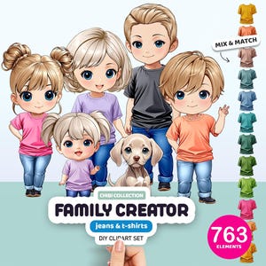 Clipart Chibi Family Creator, aangepast familieportret, poppen png, gepersonaliseerd portret, aanpasbare clipart, anime-graphics