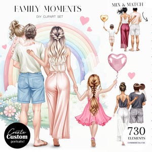 Pode incluir: Conjunto de cliparts digitais intitulado "Family Moments" com ilustrações de famílias, arco-íris e corações. Inclui opções de tons de pele e elementos de combinação. O conjunto contém 730 elementos para uso comercial.