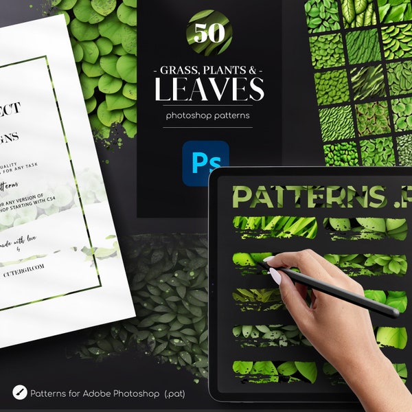50 Leaves Photoshop Patterns, Grass, Plants .PAT, Nature Patterns for Photoshop, Green Seamless Patterns Addon, Commercial Use