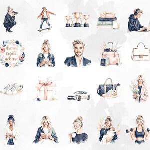 May include: A collection of watercolour illustrations depicting lifestyle themes. Images include a photographer, skateboarder, trophies, books, a person using a laptop, a floral wreath with text, a person with a tablet, a man, luggage, a handbag, trainers, a gift, a car, a gym bag, a person with flowers, a person with a tablet, a person reading a book, a person with a cup, a mother with a baby, and a person with dumbbells.