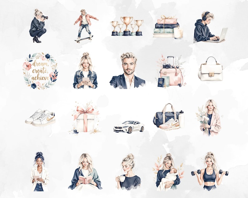 May include: A collection of watercolour illustrations depicting lifestyle themes. Images include a photographer, skateboarder, trophies, books, a person using a laptop, a floral wreath with text, a person with a tablet, a man, luggage, a handbag, trainers, a gift, a car, a gym bag, a person with flowers, a person with a tablet, a person reading a book, a person with a cup, a mother with a baby, and a person with dumbbells.