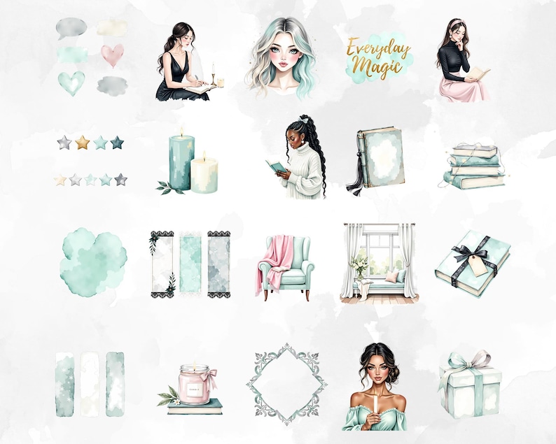 Weiches Mädchen Booktok Clipart, Lese ästhetik PNG Bündel, Buchliebhaber Clipart Bild 2