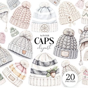 Könnte beinhalten: Aquarell-Illustration verschiedener Wintermützen in Weiß-, Grau-, Rosa- und Grüntönen. Die Mützen umfassen Strickmützen, Ohrenklappenmützen und Mützen mit Bommeln. Der Text "Winter Caps Clipart" und "20 .PNG FILES" ist ebenfalls sichtbar.