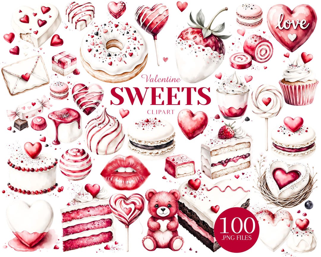 Valentin Sweets Graphics Valentine Sweets Clipart, Valentine Dessert PNG, Candy Hearts, Cake and ...