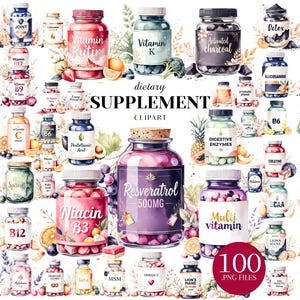 May include: A collection of watercolor-style illustrations of dietary supplement bottles. The bottles are filled with colorful pills and capsules, with labels such as "Vitamin C", "Resveratrol", and "Multi Vitamin". The image includes the text "dietary SUPPLEMENT clipart" and "100 .PNG FILES".