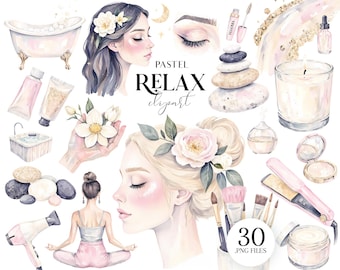 Watercolor Relax Spa Clipart Set, Beauty Self Care PNG, Pastel Wellness Illustrations