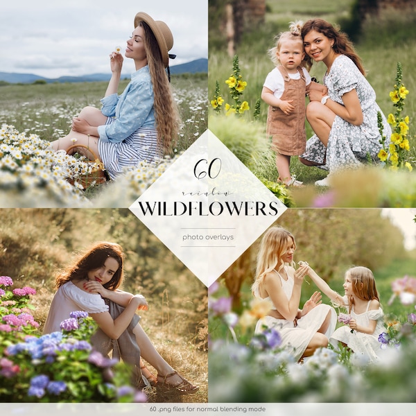 Rainbow Wildflowers Photo Overlays, Wild Flowers Clipart, 60 PNG Files, Summer Photoshop Overlays, Flowers Photoshop, Free Commercial Use