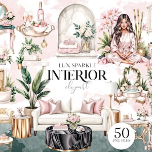 Pode incluir: Conjunto de cliparts digitais com elementos de design de interiores. Inclui uma mulher de roupão, móveis, plantas e itens decorativos em uma paleta de cores pastel suave. O texto "LUX SPARKLE INTERIOR clipart" é exibido.