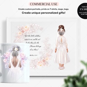 K&ouml;nnte beinhalten: Eine wei&szlig;e Tasse mit einer Aquarell-Illustration eines M&auml;dchens in einem wei&szlig;en Kleid und Schleier. Das M&auml;dchen ist von rosa und wei&szlig;en Blumen umgeben. Der Text "Lasst die kleinen Kinder zu mir kommen und hindert sie nicht, denn ihnen geh&ouml;rt das Himmelreich." ist auf die Tasse gedruckt.