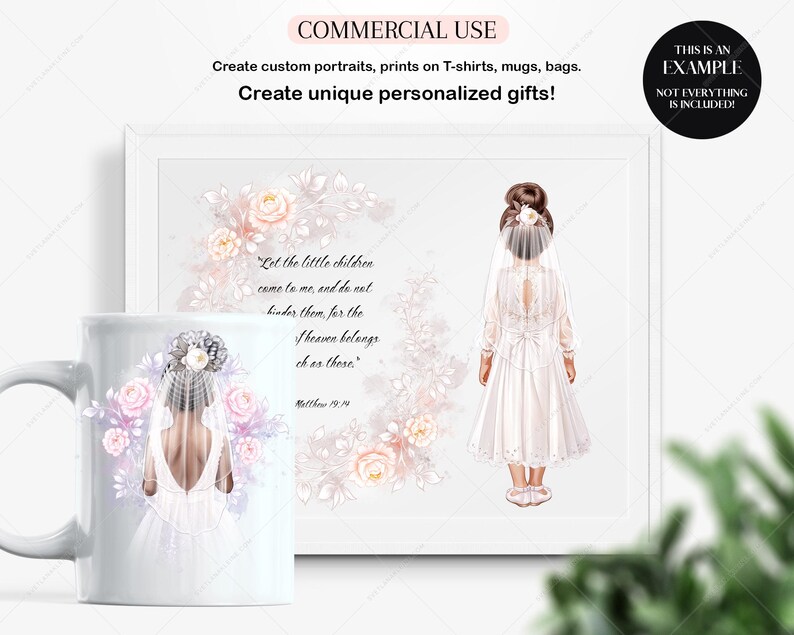 K&ouml;nnte beinhalten: Eine wei&szlig;e Tasse mit einer Aquarell-Illustration eines M&auml;dchens in einem wei&szlig;en Kleid und Schleier. Das M&auml;dchen ist von rosa und wei&szlig;en Blumen umgeben. Der Text "Lasst die kleinen Kinder zu mir kommen und hindert sie nicht, denn ihnen geh&ouml;rt das Himmelreich." ist auf die Tasse gedruckt.