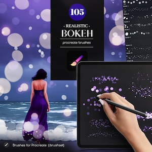 May include: A digital illustration of a woman in a purple dress standing on a beach with a blurred background of bokeh lights. The image is used to promote a set of 105 Procreate brushes for creating realistic bokeh effects.