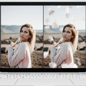 May include: A laptop screen displays a before-and-after photo comparison. The "before" image shows a woman in a pink sweater against a blurred outdoor background. The "after" image adds floating petals. Text on the screen reads "BEFORE" and "AFTER".