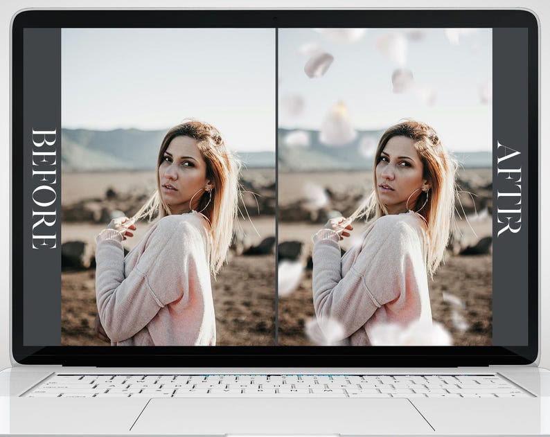 May include: A laptop screen displays a before-and-after photo comparison. The "before" image shows a woman in a pink sweater against a blurred outdoor background. The "after" image adds floating petals. Text on the screen reads "BEFORE" and "AFTER".