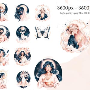 Pode incluir: Uma cole&ccedil;&atilde;o de ilustra&ccedil;&otilde;es em aquarela com temas celestiais e m&iacute;sticos. As imagens incluem retratos de mulheres, um homem, um veado e uma borboleta, todos ambientados em fundos de luas, estrelas e nuvens. O texto "3600px - 3600px high quality . png files 300 DPI" tamb&eacute;m est&aacute; presente.