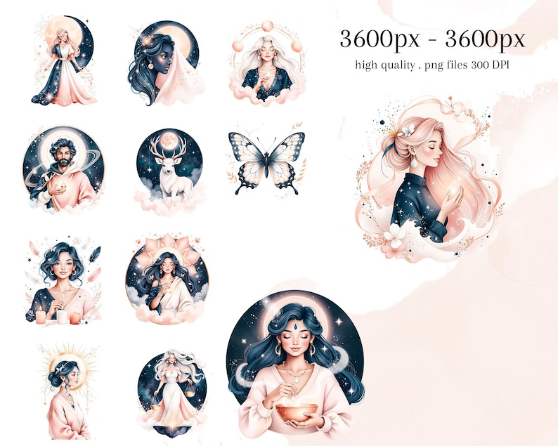 Pode incluir: Uma cole&ccedil;&atilde;o de ilustra&ccedil;&otilde;es em aquarela com temas celestiais e m&iacute;sticos. As imagens incluem retratos de mulheres, um homem, um veado e uma borboleta, todos ambientados em fundos de luas, estrelas e nuvens. O texto "3600px - 3600px high quality . png files 300 DPI" tamb&eacute;m est&aacute; presente.