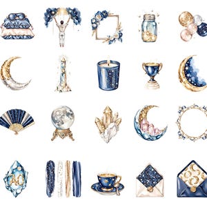 Pode incluir: Ilustra&ccedil;&otilde;es em aquarela de objetos celestiais e m&iacute;sticos. Inclui uma lua crescente, uma bola de cristal, uma x&iacute;cara de ch&aacute;, uma vela, um leque, um trof&eacute;u, um frasco, uma moldura, uma m&aacute;scara de dormir, uma pessoa segurando bal&otilde;es, um cristal, um envelope e esmalte de unhas.