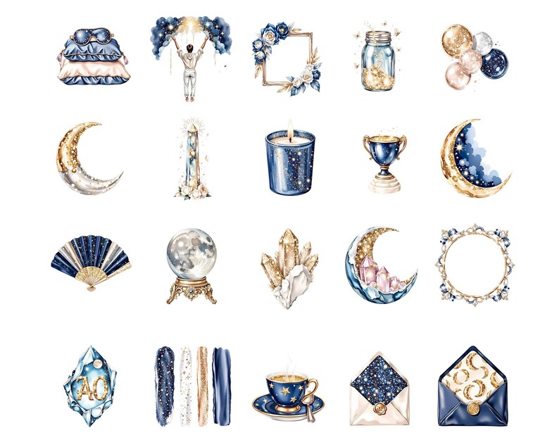Pode incluir: Ilustra&ccedil;&otilde;es em aquarela de objetos celestiais e m&iacute;sticos. Inclui uma lua crescente, uma bola de cristal, uma x&iacute;cara de ch&aacute;, uma vela, um leque, um trof&eacute;u, um frasco, uma moldura, uma m&aacute;scara de dormir, uma pessoa segurando bal&otilde;es, um cristal, um envelope e esmalte de unhas.