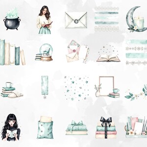 K&ouml;nnte beinhalten: Aquarellillustrationen verschiedener Objekte, darunter B&uuml;cher, Umschl&auml;ge, ein Kessel mit gr&uuml;nem Rauch, eine Schneekugel und ein Halbmond mit einer Kerze. Die Farbpalette umfasst sanfte Blau-, Gr&uuml;n- und Rosat&ouml;ne, die ein verspieltes Thema erzeugen.