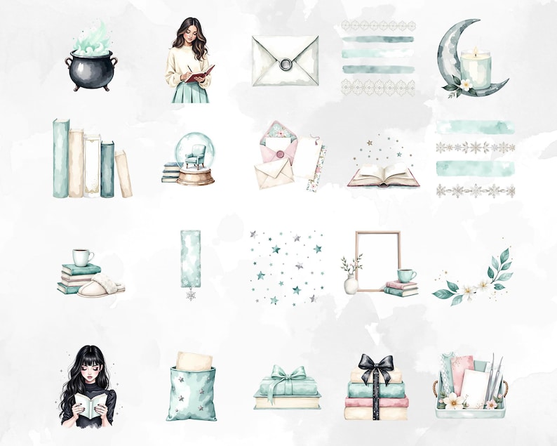 K&ouml;nnte beinhalten: Aquarellillustrationen verschiedener Objekte, darunter B&uuml;cher, Umschl&auml;ge, ein Kessel mit gr&uuml;nem Rauch, eine Schneekugel und ein Halbmond mit einer Kerze. Die Farbpalette umfasst sanfte Blau-, Gr&uuml;n- und Rosat&ouml;ne, die ein verspieltes Thema erzeugen.