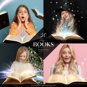 May include: A set of 50 digital photo overlays featuring open books with magical effects, such as sparkling lights and stars. The overlays are perfect for adding a touch of fantasy to your photos.