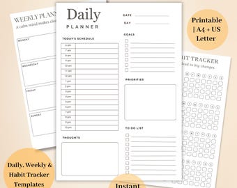 Printable Planner Bundle | Daily, Weekly and Habit Tracker | Minimalist Productivity Planner | A4 & US Letter PDF | Instant Download