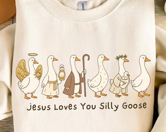 Ganso cristiano gracioso PNG, diseño moderno basado en la fe, diseño de sublimación para camiseta cristiana "Jesús te ama", ganso que ama a Jesús, fe PNG
