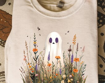 ヴィンテージガーデンフローラルゴーストPNG、ワイルドフラワーゴーストPNG、ボヘミアンフローラルハロウィン、ヴィンテージ秋の不気味な季節昇華デザイン