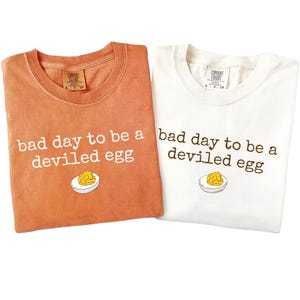 May include: Two t-shirts, one orange and one white, with the text "bad day to be a deviled egg" in a playful font. Each shirt features an illustration of a deviled egg on a plate. The shirts are made of a soft material.
