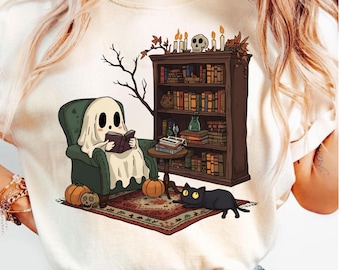 Vintage Ghost Reading Books PNG, Halloween Teacher PNG, Retro Librarian Ghost Design, Funny Boo School PNG, Teacher Halloween Gift