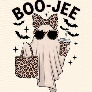 Boo Jee Leopard Print Ghost PNG, Halloween Coffee Ghost Shirt Design, Boujee Ghost PNG for Cricut, Cute Spooky Season Digital Download