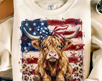 Retro 4th of July Highland Cow PNG, Patriotic Western Sublimation Design, Coquette Checkered Bow USA Freedom Graphic
