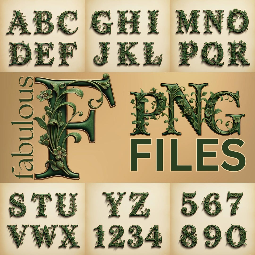 Floral Alphabet PNG: Green & Gold Botanical Letters, Numbers (digital ...