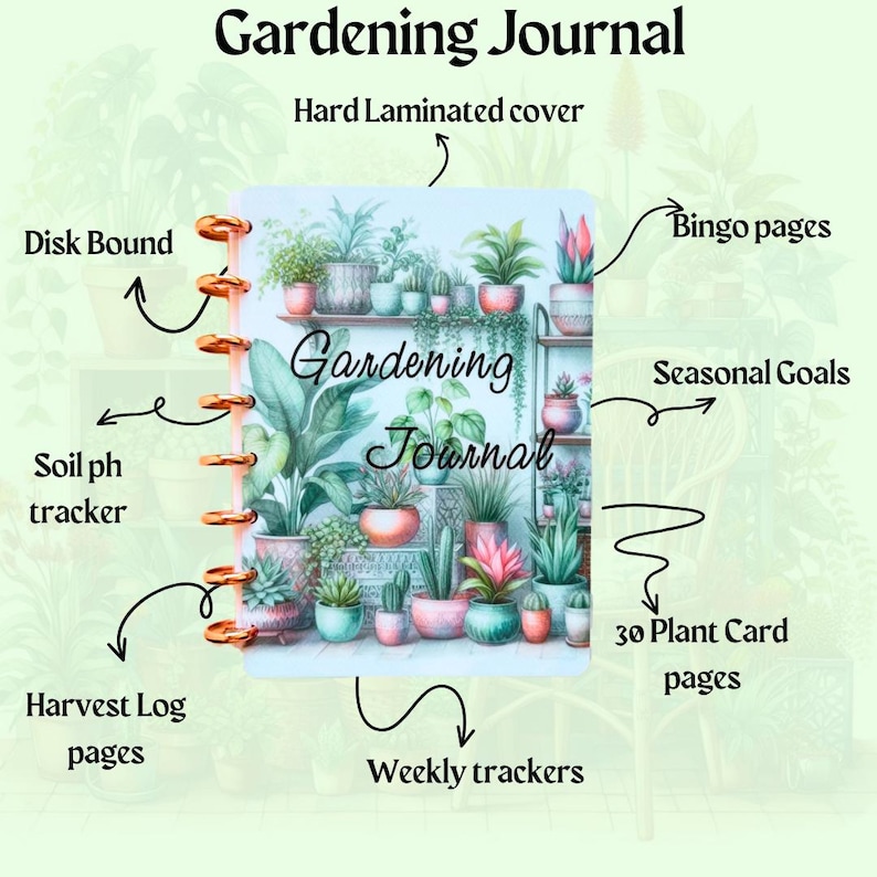 May include: A gardening journal with a hard laminated cover and a colorful illustration of potted plants. The journal includes pages for weekly trackers, harvest logs, soil pH tracking, seasonal goals, and bingo pages. It also includes 30 plant card pages.