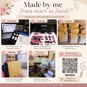 May include: An infographic showing the process of creating and shipping an order. The steps include designing, printing, packing, shipping, and filming the packing process. Text includes "Made by me from start to finish" and "Thank you for supporting my small business."