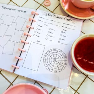 May include: A white tea tasting card with a checklist for tea type, origin, brewing time, and extra ingredients. The card also includes a circular chart for rating the tea's flavor profile.