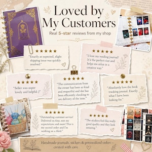 Może przedstawiać: Grafika promocyjna zatytułowana Loved by My Customers przedstawiająca fioletowy dziennik ze złotym wzorem r&oacute;ży, dziennik do szydełkowania oraz liczne pięciogwiazdkowe opinie klient&oacute;w na podartych kartkach papieru wraz z naklejkami.