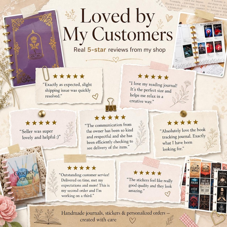 Może przedstawiać: Grafika promocyjna zatytułowana Loved by My Customers przedstawiająca fioletowy dziennik ze złotym wzorem r&oacute;ży, dziennik do szydełkowania oraz liczne pięciogwiazdkowe opinie klient&oacute;w na podartych kartkach papieru wraz z naklejkami.