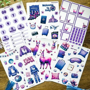 Thematic sticker sheet, purple water bottle sticker, 2025 sticker set, journal stickers, vinyl stickers, llama stickers, planner accessories