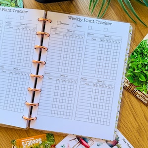 May include: A weekly plant tracker planner with a white background and black text. The planner has sections for month, plant, and week of the month. There are checkboxes for fertilizer and water. The planner is designed to help you keep track of your plants.