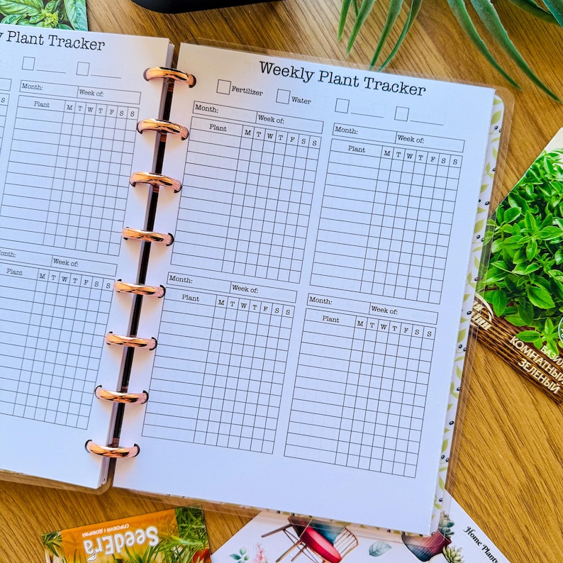 May include: A weekly plant tracker planner with a white background and black text. The planner has sections for month, plant, and week of the month. There are checkboxes for fertilizer and water. The planner is designed to help you keep track of your plants.