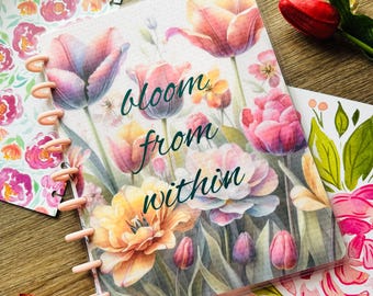 Happy planner cover with tulips, hardcover notebooks, bloom from within, spiral notebook, tulip lover gift, book accessories,book lover gift