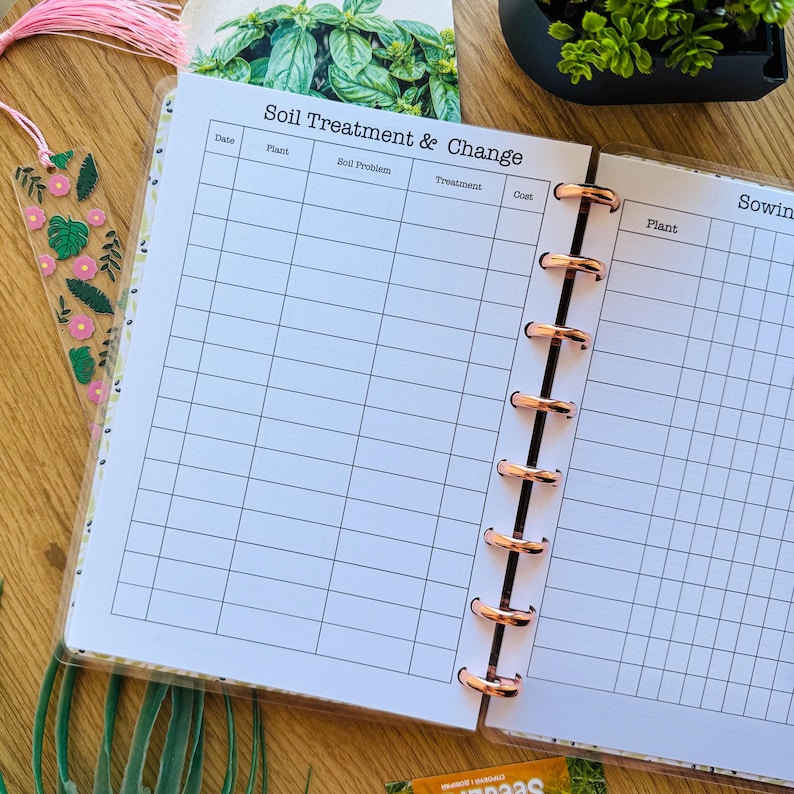May include: A white planner with a gridded layout for tracking soil treatment and change. The planner has a section for date, plant, soil problem, treatment, and cost. There is also a section for sowing with a column for plant.