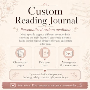 Może przedstawiać: Beżowa grafika informacyjna dotycząca spersonalizowanego dziennika czytelnika z ilustracjami kwiatowymi i tekstem Custom Reading Journal, Personalized orders available, Choose your pages, Pick your cover, Message me if you're unsure oraz Send me an Etsy message to start your custom order.