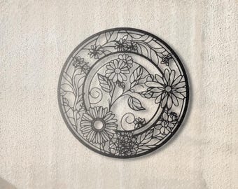 Round Floral Metal Wall Art – Modern Boho Flower Design for Indoor & Outdoor Décor
